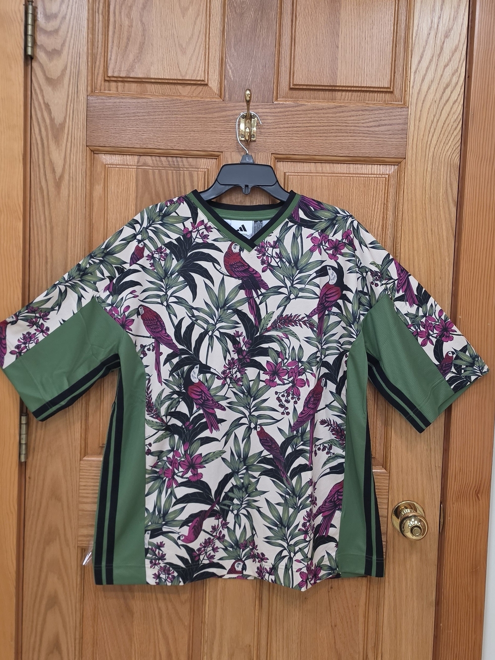FARM Rio/Adidad Cream Tee with Green Trim and Pink Botanical Print